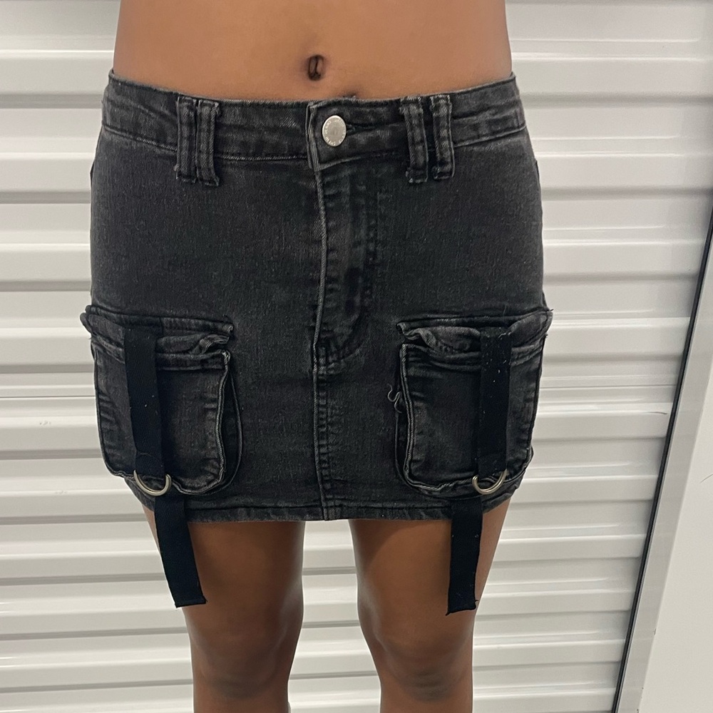 SHEIN Black Washed Denim Mini Skirt with Button Detail